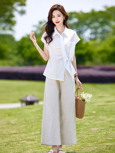 时尚休闲套装女夏季薄款2025新款高级感减龄短袖衬衫阔腿裤两件套图片