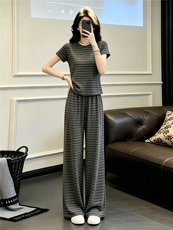 欧货时尚休闲套装女夏季新款圆领条纹撞色短袖上衣阔腿长裤两件套，女装套装/套裙，江南