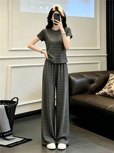 欧货时尚休闲套装女夏季新款圆领条纹撞色短袖上衣阔腿长裤两件套图片