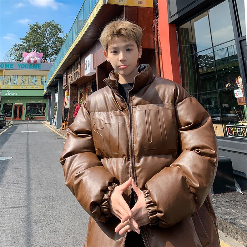 冬季美式立领pu皮钢印羽绒棉服男外套M2881P85直播,男装棉衣,星座1904A-1