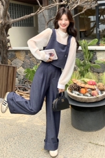 大方得体穿搭蓝色设计感马甲套装女春秋超火好看时尚阔腿裤三件套，女装套装/套裙，2C133