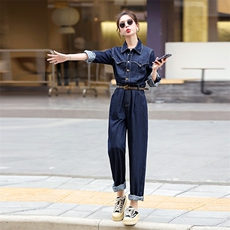 牛仔连体裤女2025春秋新款高级感女神范气质设计感小众系扣连衣裤，女装连体裤，天丽