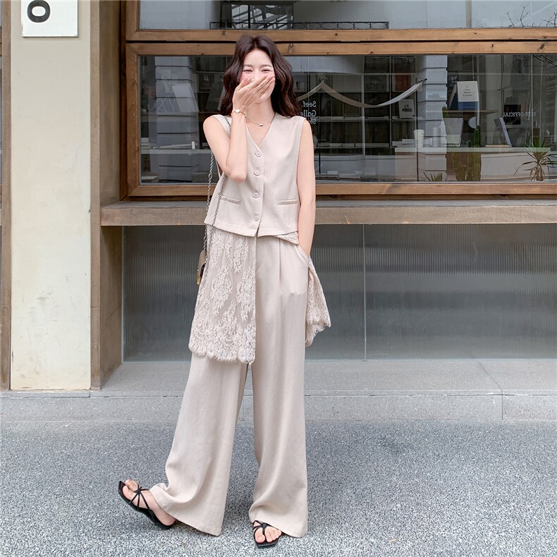轻熟风气质套装女2026夏季拼蕾丝西装马甲显瘦阔腿裤两件套,女装套装/套裙,流量+