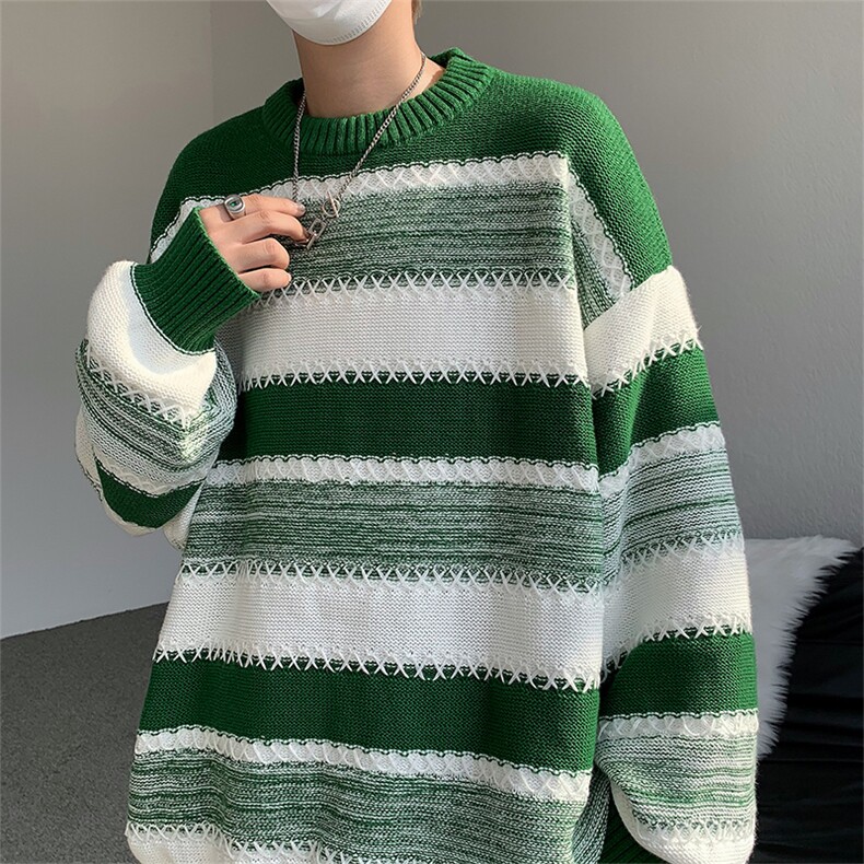 现货慵懒风针织衫外套撞色条纹毛衣男新款保暖毛线衣M1584-P40,男装针织衫/毛衣,星座512-4