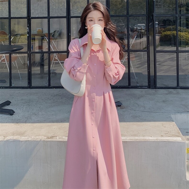 法式温柔风粉色衬衫裙春秋女2025新款气质甜美减龄收腰显瘦A字裙,女装连衣裙,浙宝276（原081）