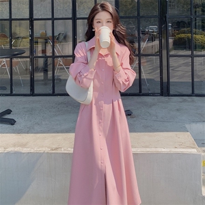 法式温柔风粉色衬衫裙春秋女2025新款气质甜美减龄收腰显瘦A字裙
