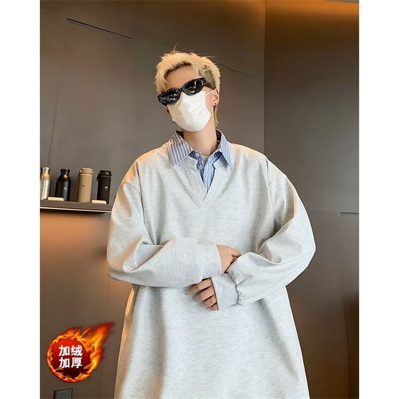 假两件拼接翻领加绒卫衣男秋季潮牌宽松情侣休闲套头上衣WY104A,男装卫衣,星座516A