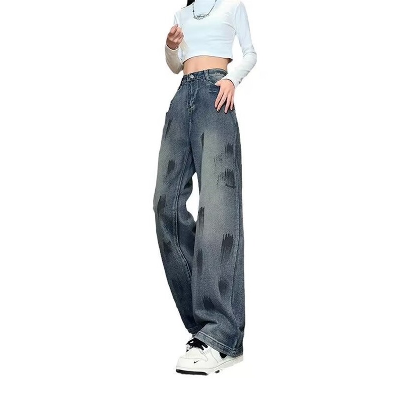 美式直筒牛仔裤男女2025春秋新款废土风泼漆涂鸦阔腿做旧拖地长裤,男装牛仔裤,星座506A