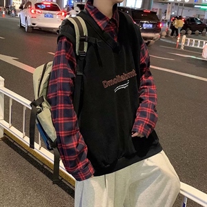 春秋格子假两件衬衫套头卫衣男港风韩版宽松长袖休闲上衣C012-P42图片