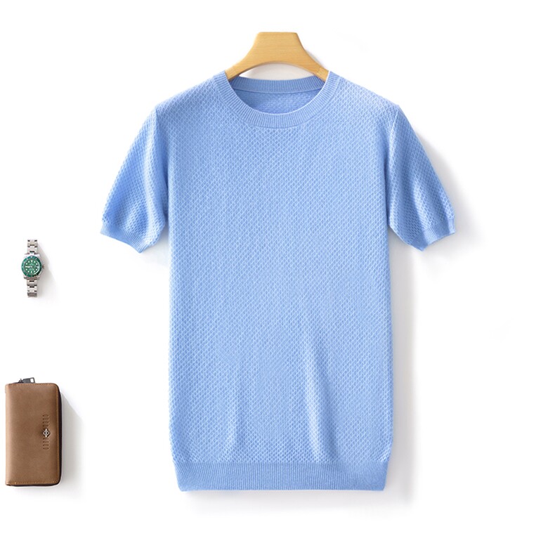 时尚男士秋季新款羊毛短袖针织衫简约百搭圆领毛衣舒适透气，男装羊毛衫，邓利维
