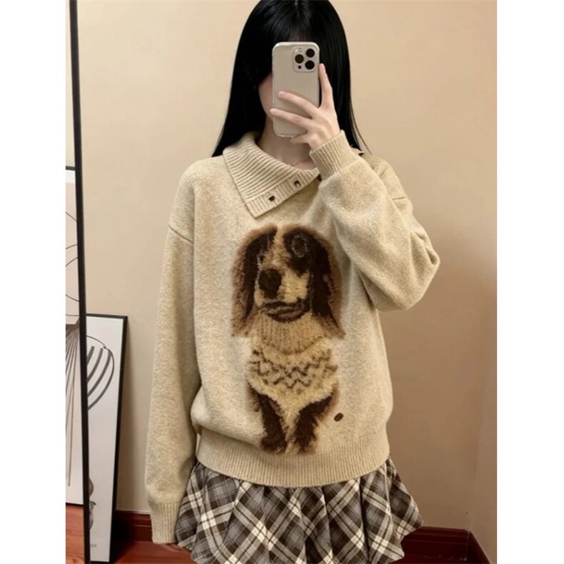 小狗翻领套头针织毛衣女秋冬季宽松外穿不规则上衣MS989,男装针织衫/毛衣,星座1116A（原606A-3）
