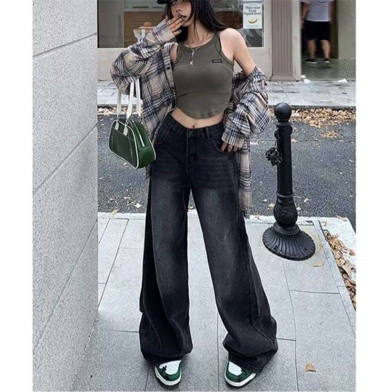 美式复古直筒牛仔裤女春秋季2025新款黑灰色高腰显瘦宽松拖地裤子,男装牛仔裤,星座1210-1