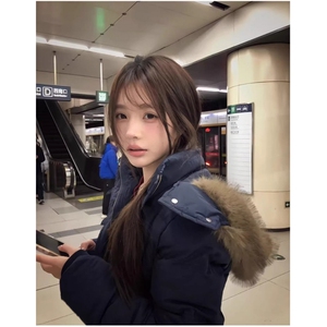 南区菲奥娜藏青大毛领羽绒棉服女2025冬季新款短款小个子棉衣棉袄图片