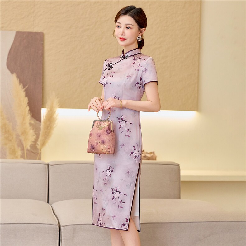 杭州品质真丝长裙复古印花连衣裙女春夏日常修身潮流真丝旗袍,女装汉服/婚纱/旗袍/礼服,小荷流
