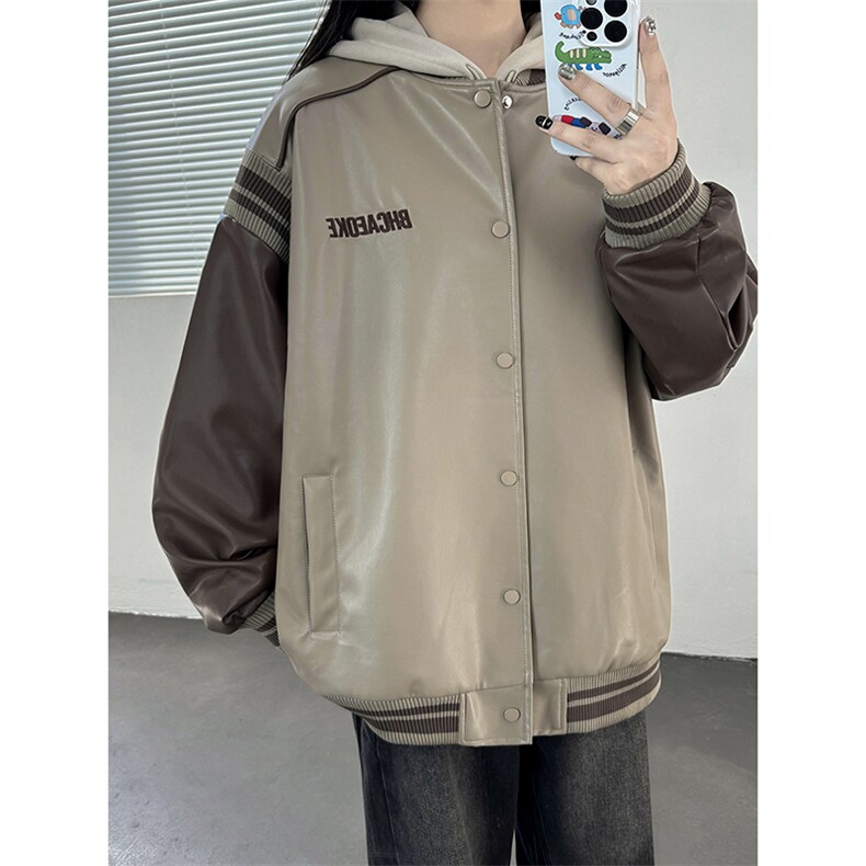 主推美式复古拼接罗纹pu棒球服情侣皮衣夹克外套男女G1094P108,男装夹克,电商A339