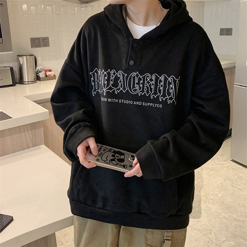EQ177麂皮绒哥特文油墨印花连帽套头卫衣男女春季情侣装外套P68,男装卫衣,电商C306-1
