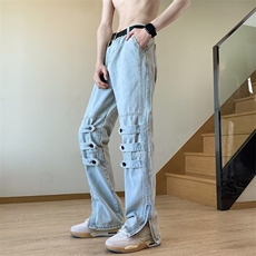 欧美高街vibe裤子男潮牌绑带设计感微喇牛仔裤拉链开叉工装直筒裤，男装牛仔裤，星座410-7