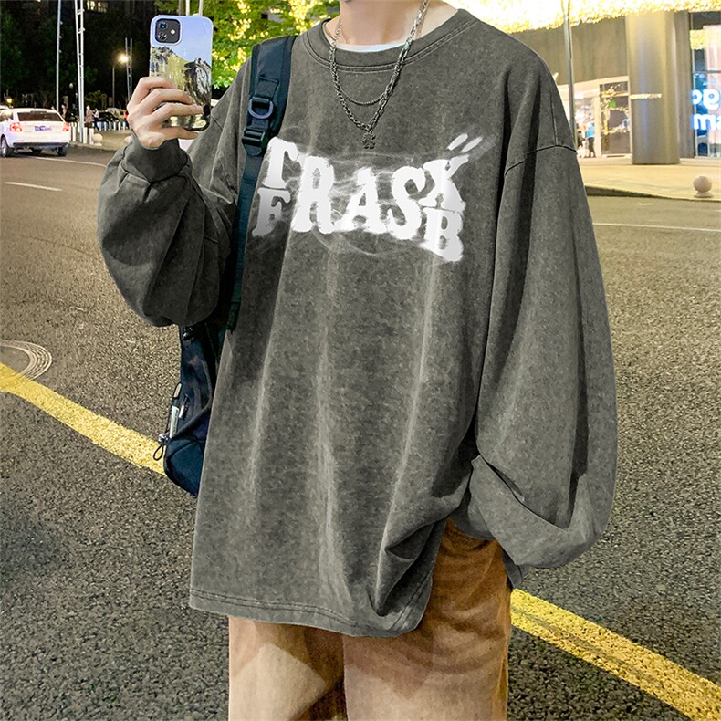 直播品质重磅纯棉美式蜡染水洗做旧潮牌宽松长袖t恤CT325特P38,男装T恤,电商A486