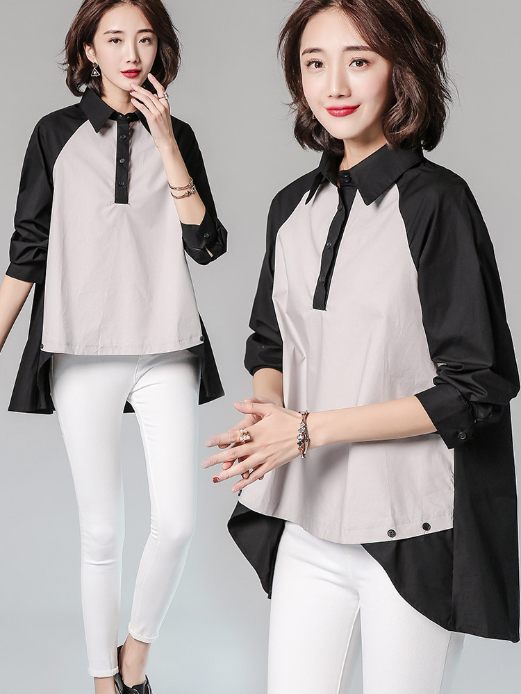 休闲时尚拼色衬衫潮流百搭舒适中长款翻领纽扣，女装衬衫，深水步