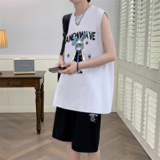 锦氨冰丝布料夏季无袖背心t恤套装透气港风宽松男装DF330P60控78，男装休闲套装，电商A086
