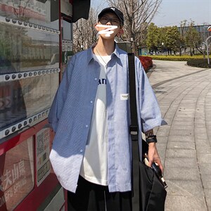 2026夏装新款条纹绣标短袖五分袖衬衫潮男衬衣 CS8090/P40 蓝色图片