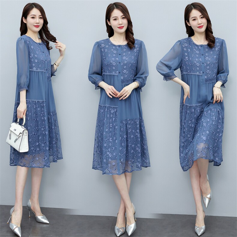 2023春夏新款时尚气质不规则绣花中长高档双绉真丝连衣裙，女装连衣裙，媚琳依坊