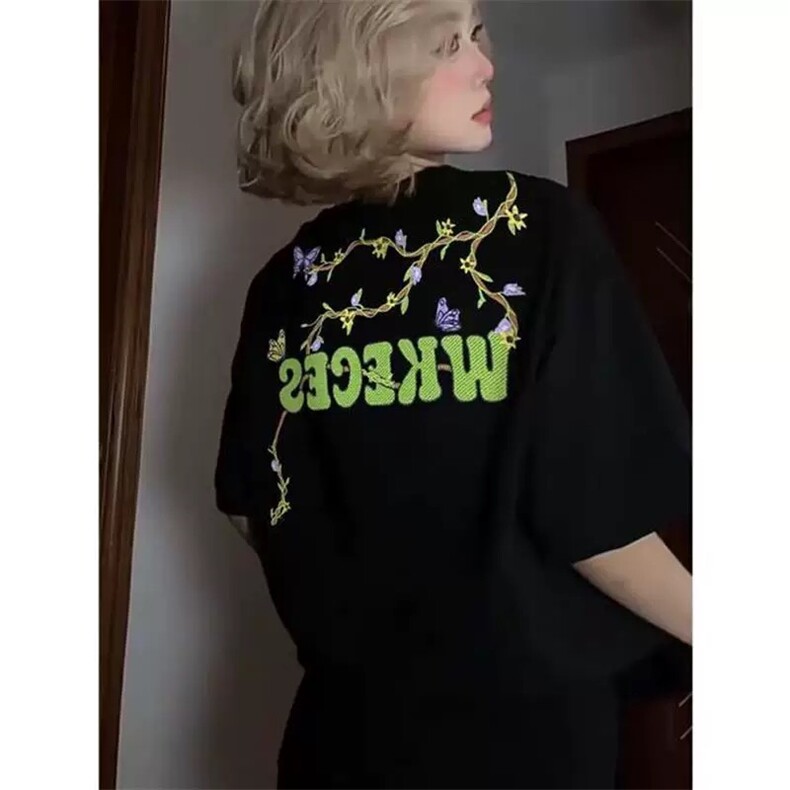 网图有货夏季小恶魔蔓藤花刺绣短袖T恤男女情侣宽松上衣A553-P35，男装T恤，星座1505