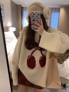秋冬复古翻领套头上衣女针织衫图片