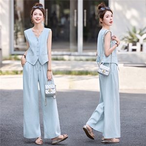 无袖套装女2025夏季新款高级感气质老钱风休闲亚麻一整套ootd穿搭，女装套装/套裙，瑶迪依秀