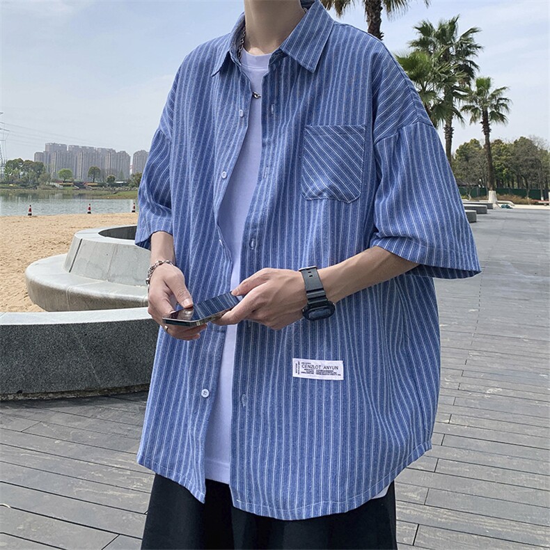 现货夏季韩版ins条纹短袖衬衫日系宽松工装翻领外套W3157-P30,男装衬衫,星座512-2