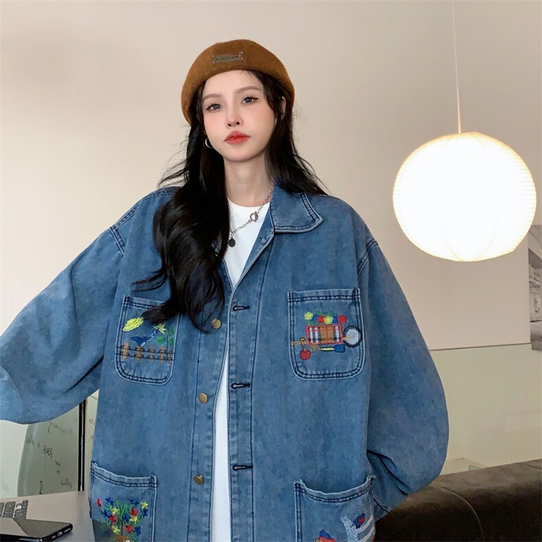 D318-P85美式复古花朵刺绣设计小众牛仔外套男女夹克上衣,男装工装外套,星座911