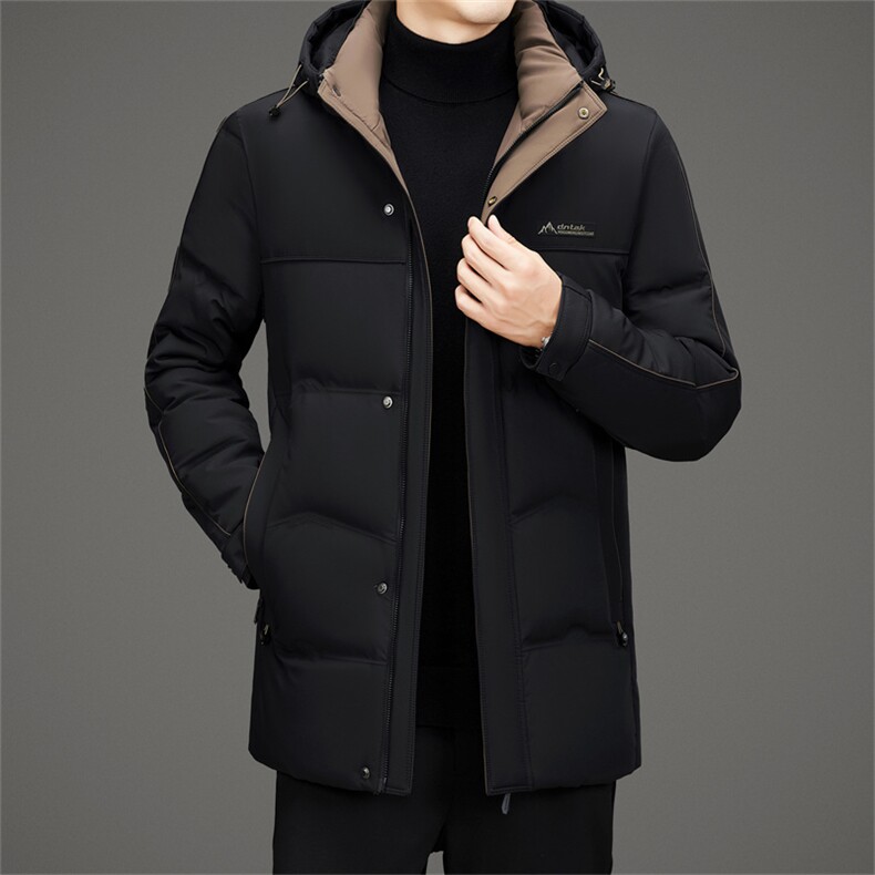 男士中年可脱卸帽中长款羽绒服外套90绒羽绒服大衣限价368元,男装羽绒服,钱塘723