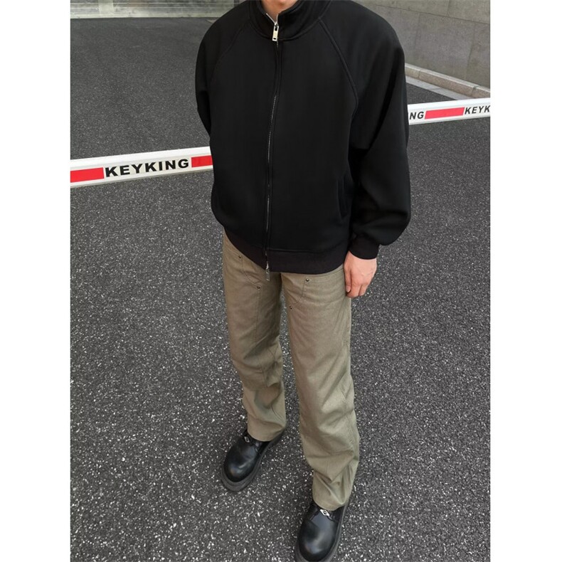 小众重磅纯色立领卫衣男春秋季美式休闲宽松阔版双拉链开衫外套潮图片