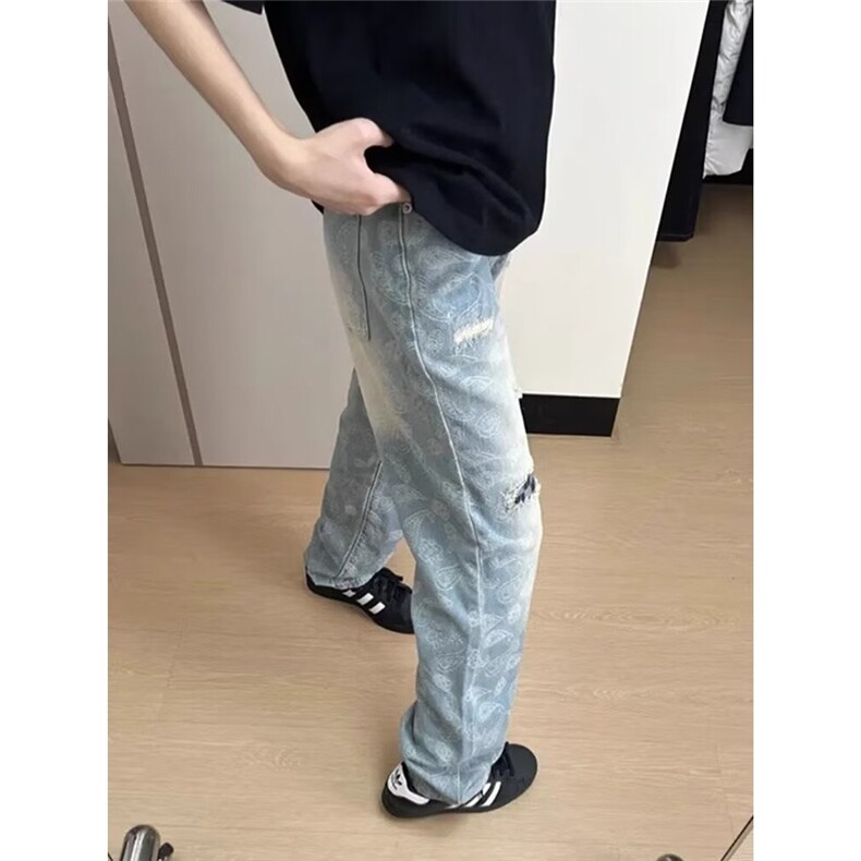 欧美高街vibe复古腰果花牛仔裤男女破洞补丁小众设计感显瘦炸街裤,男装牛仔裤,星座506A