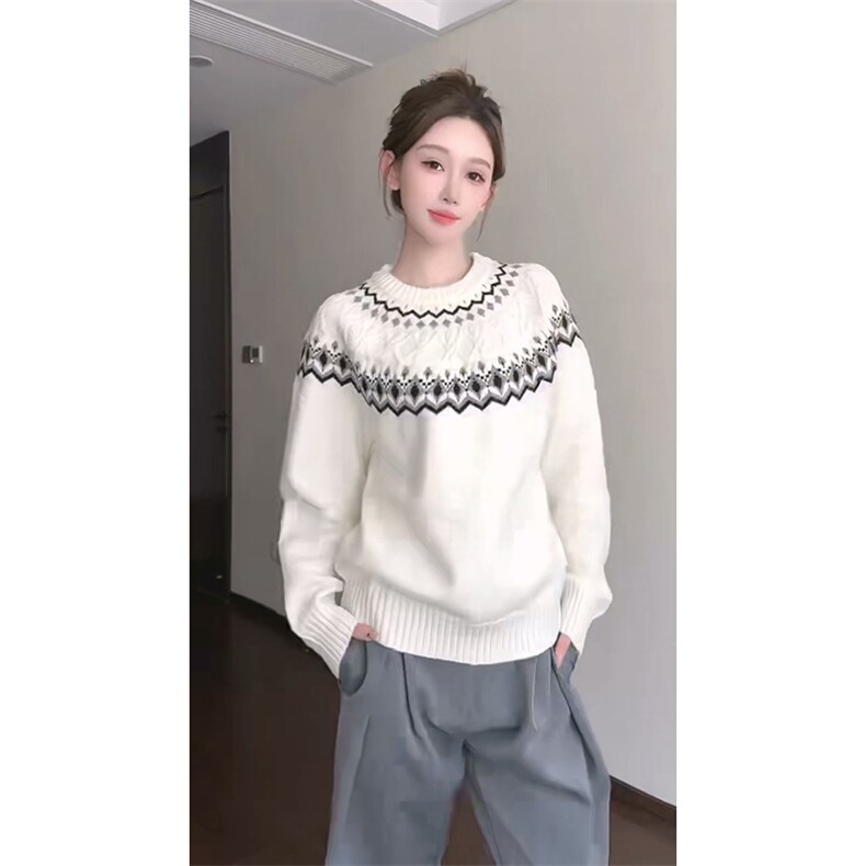 重磅秋冬装北极绒套头毛衣美式复古休闲慵懒风提花工艺针织衫外套图片