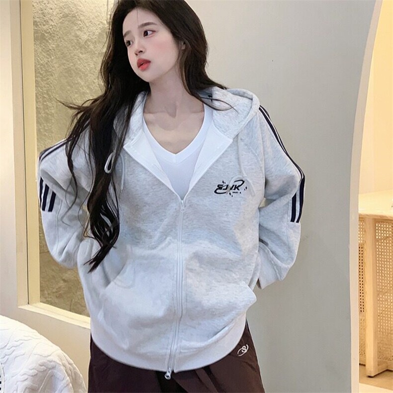 EE045-P65卫衣男女情侣装薄款2024潮条纹拉链开衫外套连帽上衣,女装短外套,星座911-3