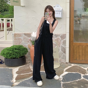 韩版时尚气质条纹背带裤女2025夏季新款法式宽松显瘦高腰阔腿长裤图片