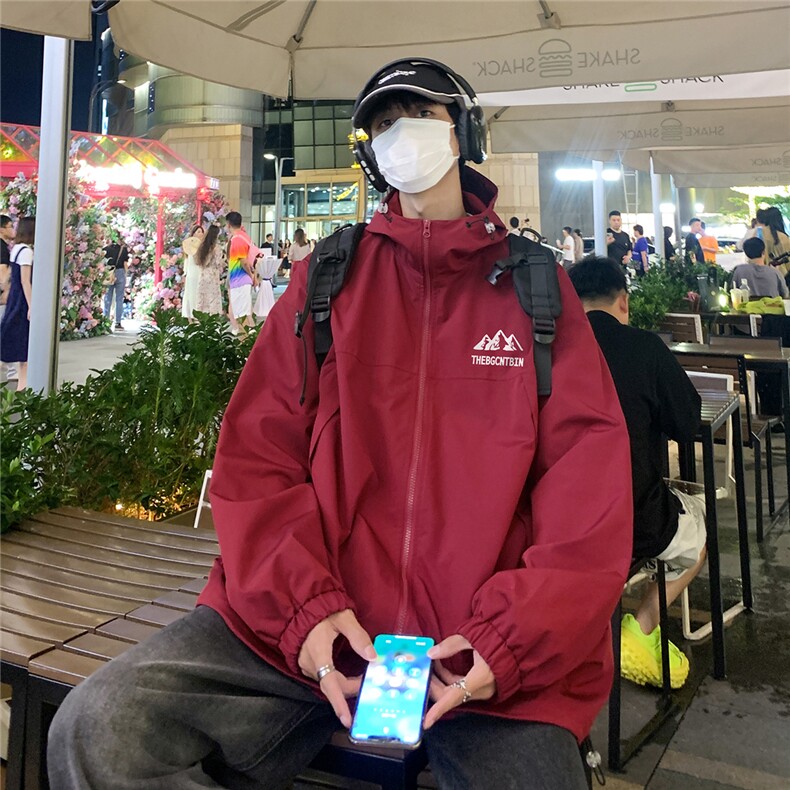 港风夜景时尚宽松字母印花连帽冲锋衣夹克F381P65控88,男装夹克,电商A247