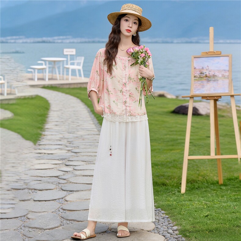 2026年夏季时尚气质印花小衫阔腿裤两件套女,女装套装/套裙,依路服饰