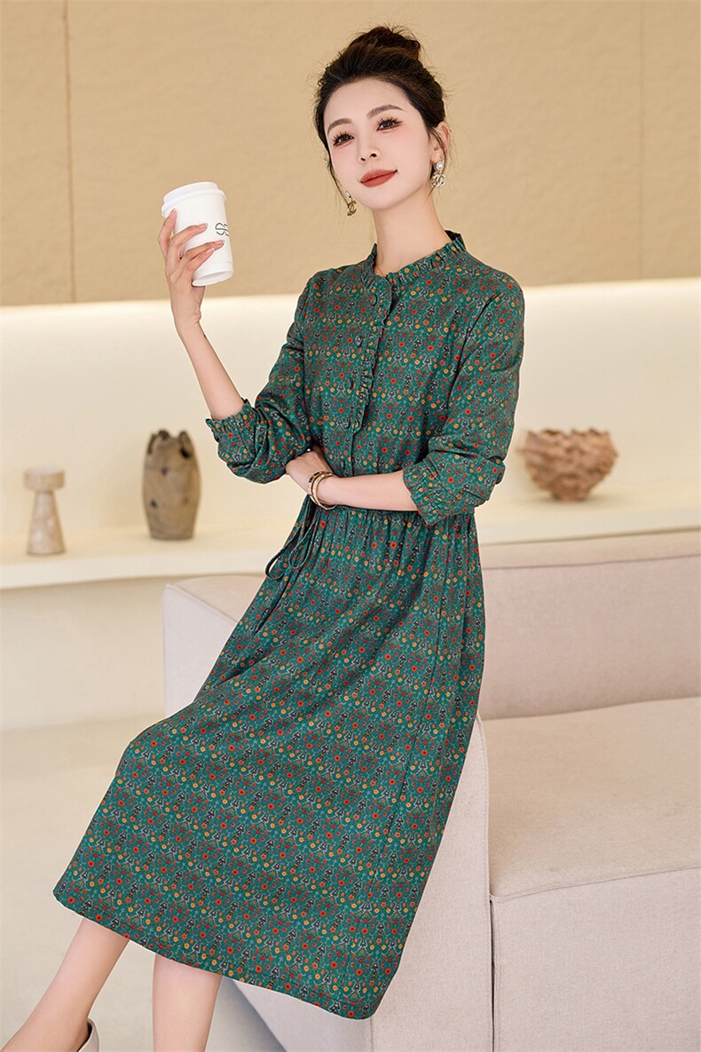长袖碎花纯棉连衣裙女2026春新款收腰显瘦气质妈妈高端衬衫长裙,女装连衣裙,倪叶myz