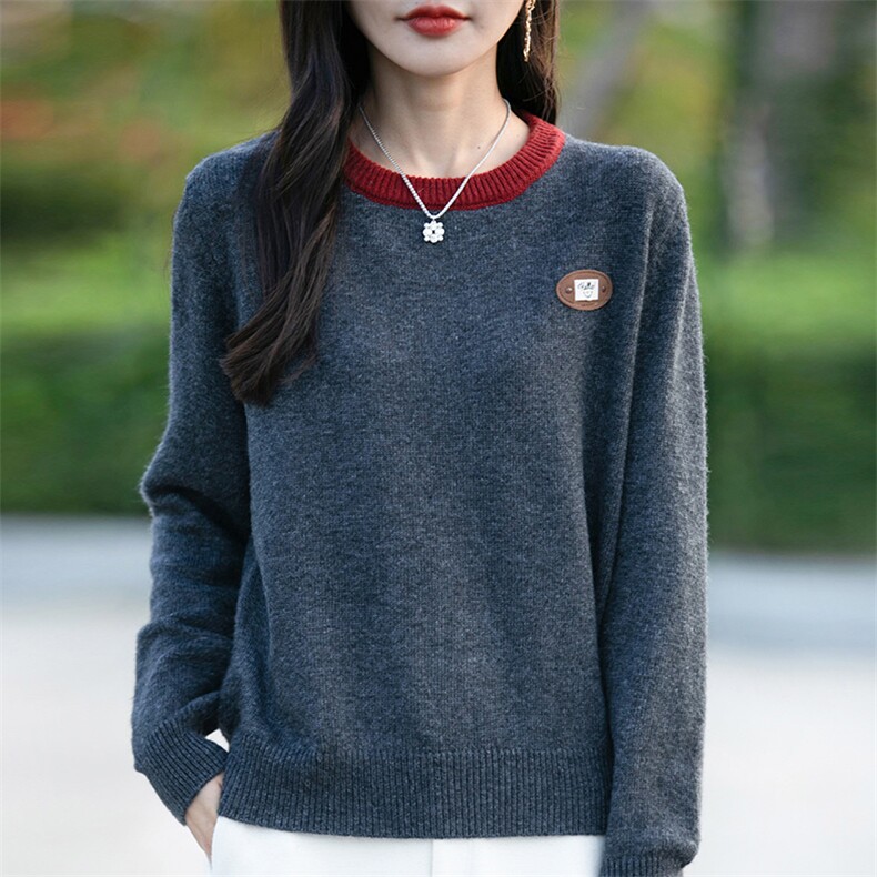 断码清仓新女圆领拼色刺绣加厚针织羊毛衫宽松打底衫图片