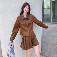 美拉德棕色套装裙女2025秋季新款复古pu皮翻领上衣半身裙两件套潮，女装套装/套裙，2C176