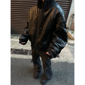 现货 春季皮衣男高级感假两件连帽外套宽松工装皮夹克LB10122-p95图片