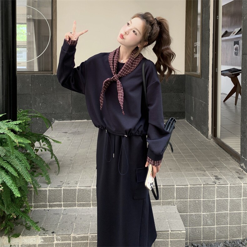休闲减龄穿搭藏蓝色卫衣套装女春秋超火好看高级感半身长裙两件套,女装套装/套裙,2C129