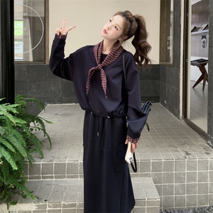 休闲减龄穿搭藏蓝色卫衣套装女春秋超火好看高级感半身长裙两件套图片