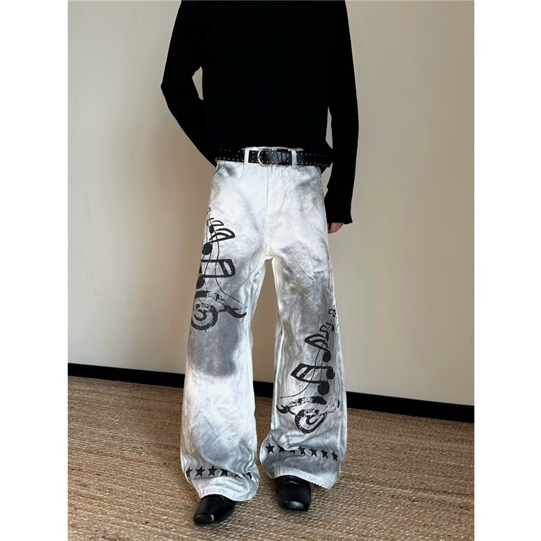 复古蓝微垮牛仔裤男美式高街涂鸦印花宽松小直筒长裤子,男装牛仔裤,星座410-7