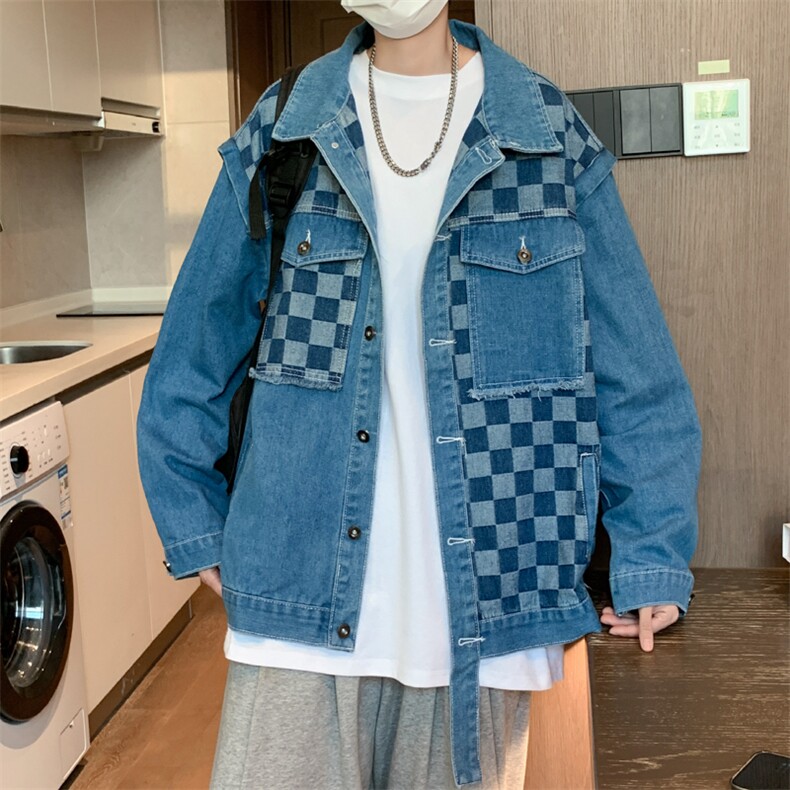 春秋中性棋盘格拼接牛仔外套情侣新款休闲宽松牛仔衣潮JK0217-P60,男装夹克,星座308B-1
