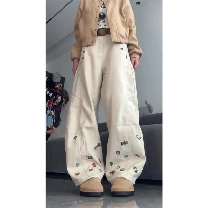 1506/Q6620/P50新款美式卡通刺绣休闲裤裤子情侣宽松阔腿弯刀裤,男装休闲裤,星座1506