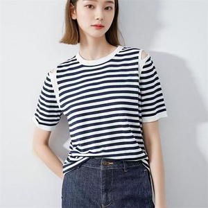 2025夏季新款条纹针织短袖T恤女别致设计感正肩上衣薄款百搭女装