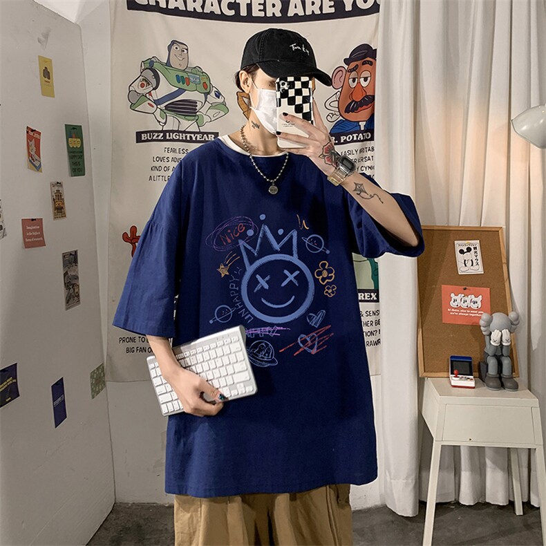 YT26180-P30亚麻短袖t恤男大码五分袖男宽松七分袖海报风,男装T恤,电商A040